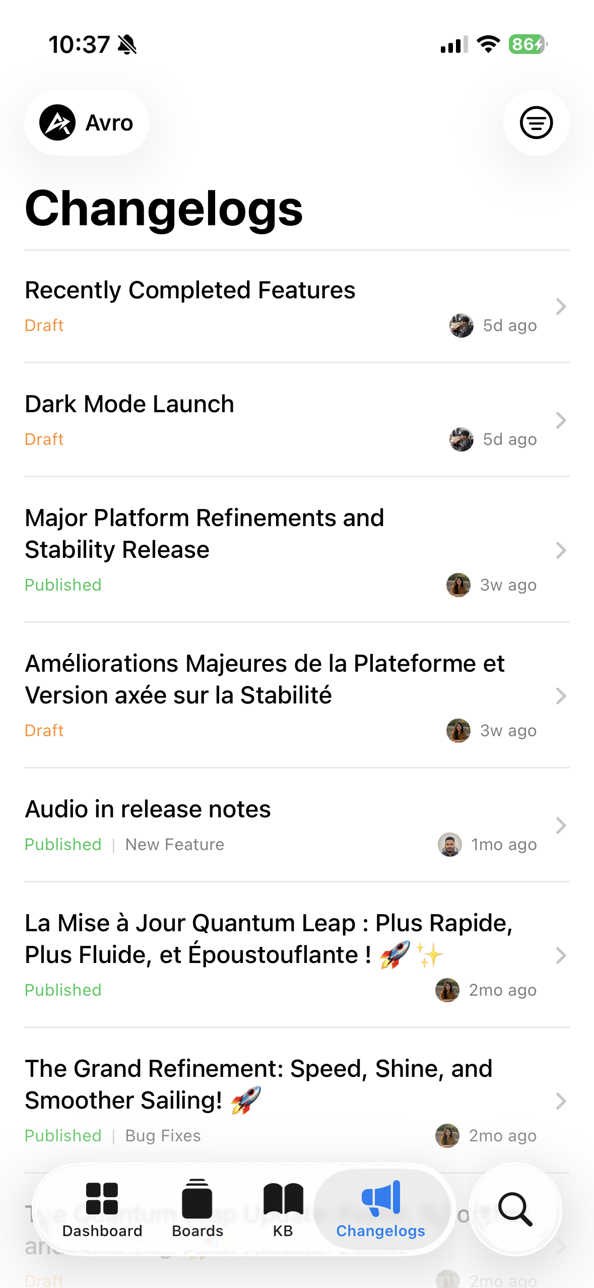 FeatureOS iOS app changelogs screen with published, scheduled, and draft entries